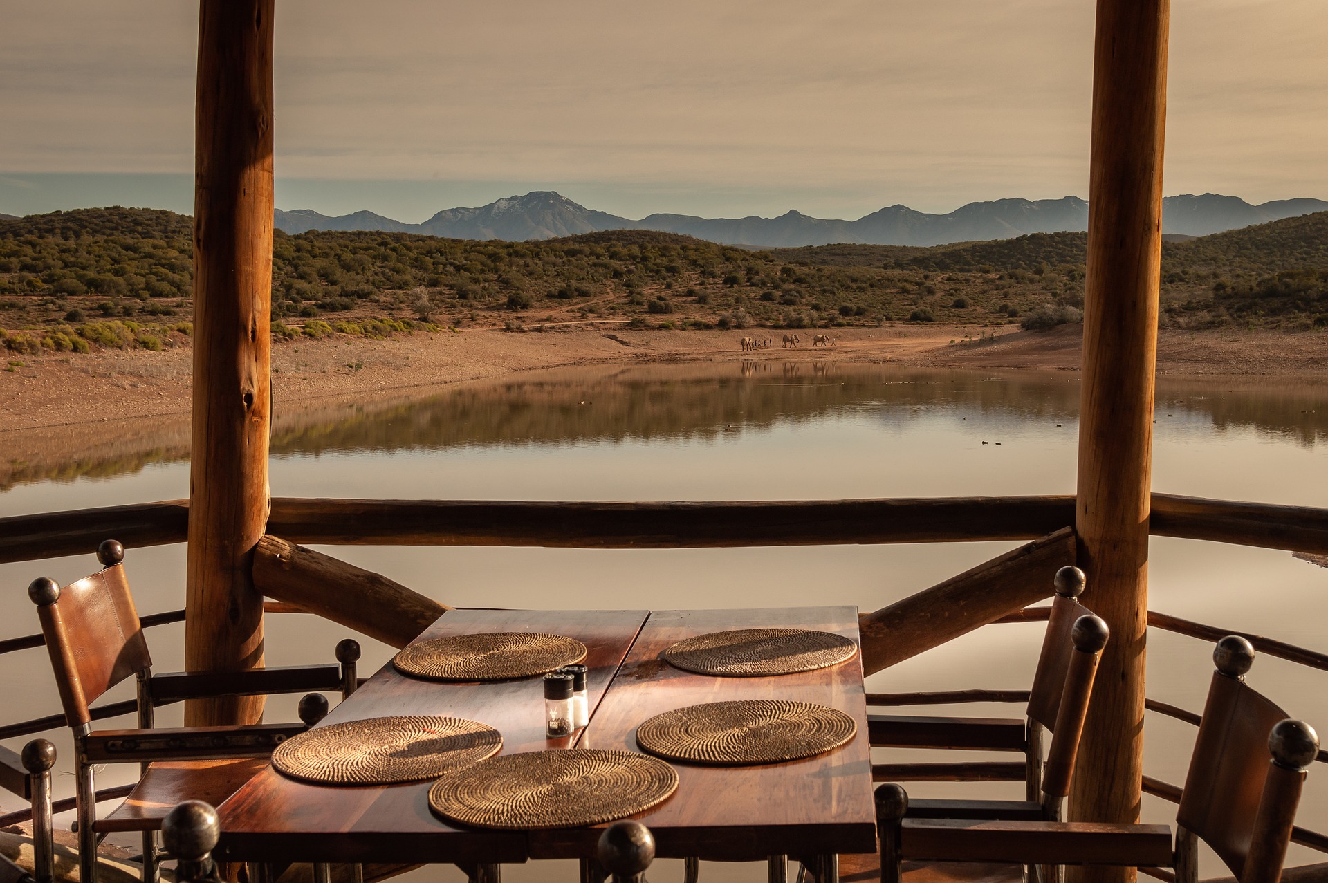 Deck on a watering hole in Namibia